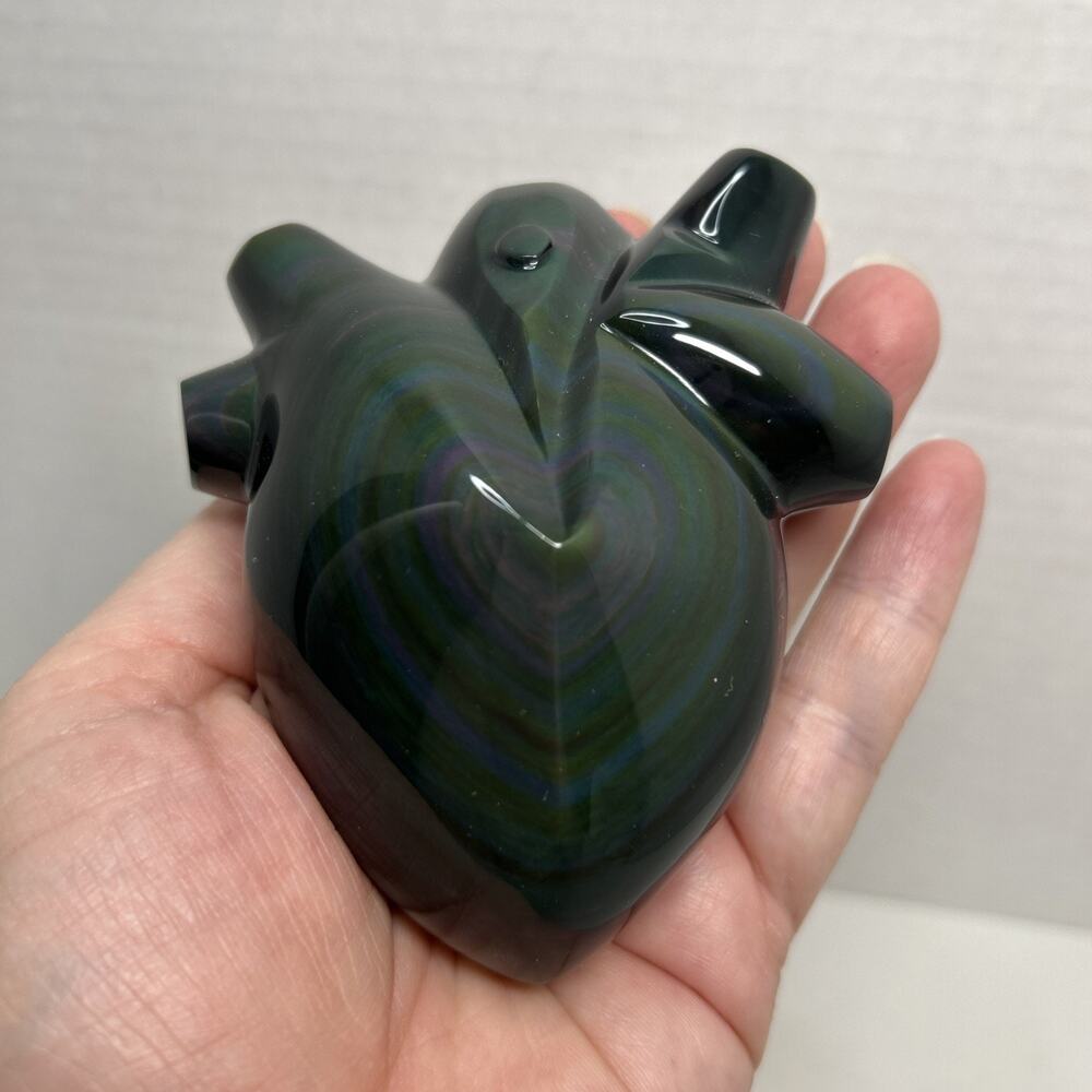 Natural Rainbow Obsidian Anatomic Heart Hand Carved Mexico 4" Stone